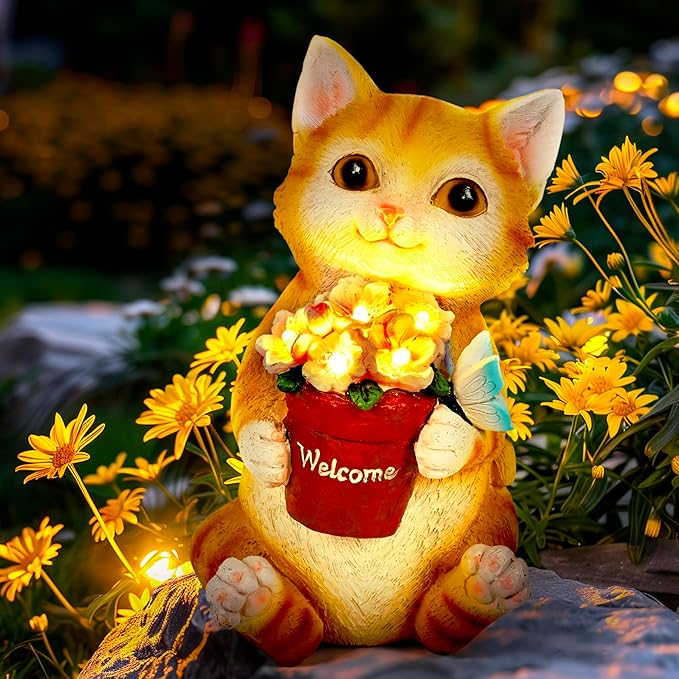 GIGALUMI Solar Garden Decor Flower Pot Cat Statues Outdoor, Birthday Gifts for Women Mom Grandma Senior Elder, Cat Ornament for Balcony, Garden, Patio, Yard, Lawn-Ruum Studio Home