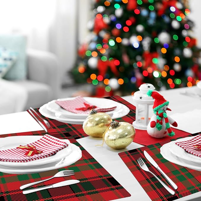 Christmas Placemats Set of 6 Red and Green Plaid Plastic Table Mats Recyclable Place Mats Washable Farmhouse Holiday Table Decoration for Indoor Outdoor Christmas Party Kitchen Dining-Ruum Studio Home