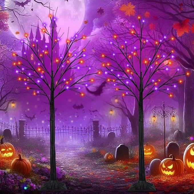 2Pack 5FT 200LED Black Halloween Tree Lights, Timer Function Lighted Black Trees with Purple and Orange Lights, Spooky Trees Light for Indoor Outdoor Halloween Decorations-Ruum Studio Home