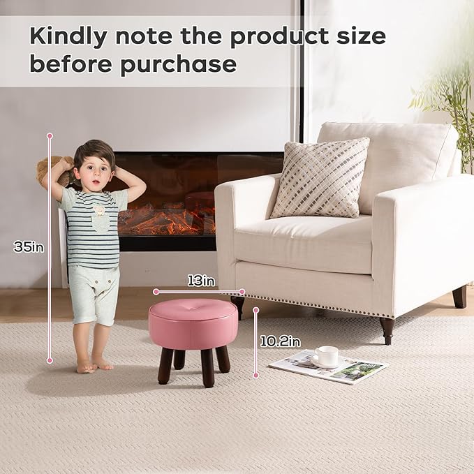 Small Foot Stool Round Pouf Ottoman, 13'' Leather Foot Rest with Non-Skid Rubber Legs, Foolstool Ottomans for Couch, Sofa Footrest Step Stool for Living Room Bedroom Entryway Office, Pink-Ruum Studio Home