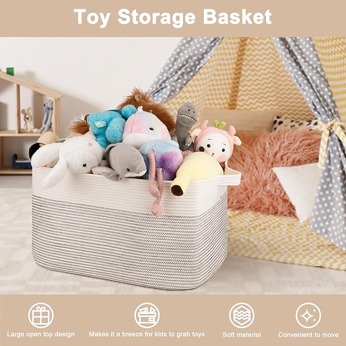 OIAHOMY 95L Blanket Basket, 24”x17”x14”, Large Woven Baskets for Storage, Nursery Cotton Rope Basket with Handle, Living Room, Nursery, Bedroom,Toy Baskets Organizer Bins, Black and White-Ruum Studio Home