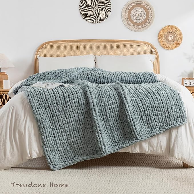 Chunky Knit Blanket Throw, 100% Hand Knit Throw Blanket Handmade Chenille Cable Knit Throw for Couch, Stylish Cozy Soft Rope Knot Crochet Blanket for Home Decor, Chambray Blue, 50x60 Inches-Ruum Studio Home