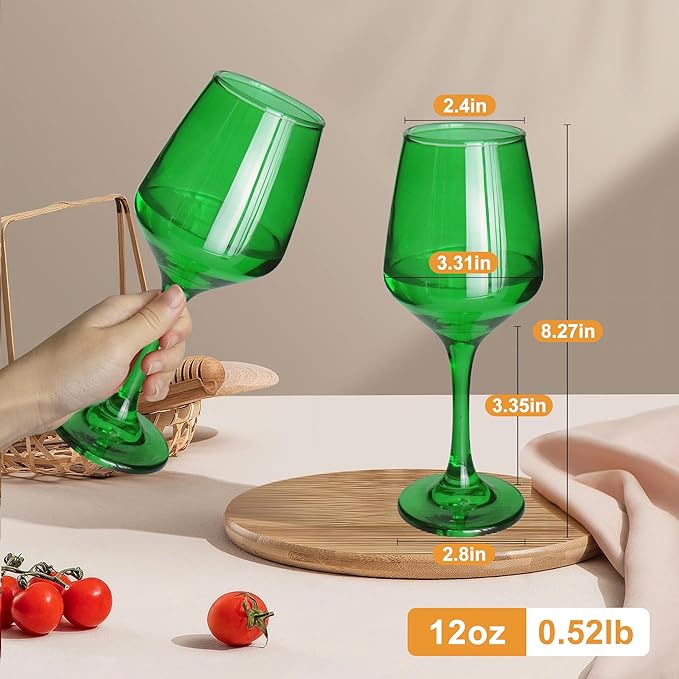 Green Wine Glasses Set of 6-12oz Green Long Stem Wine Glass Cups, Pretty Crystal Glassware, Hand Blown Goblets Drinkware, Unique Drinking Stemware Holiday Gift Set-Ruum Studio Home