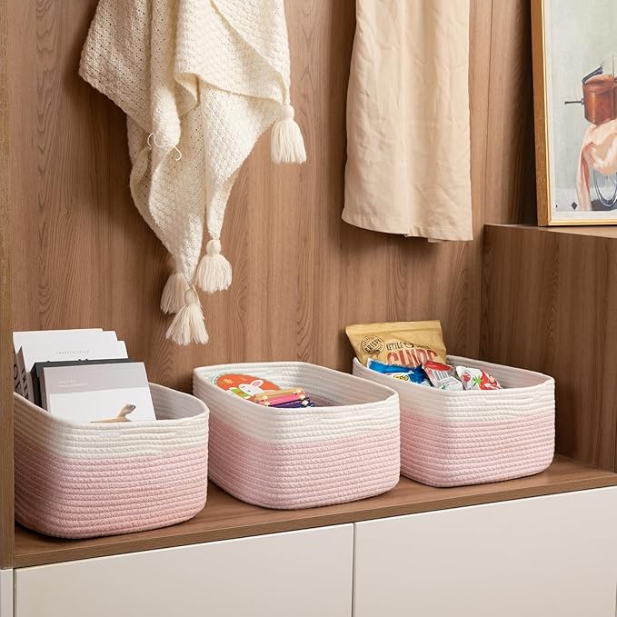 Storage Baskets for Organizing 3 Pack, Woven Baskets for Shelves, Closet Organizer Bins Empty Gift Basket Toy Storage for Toys, Books, Towels, Clothes, 15"x11.42"x6.7", Pink-Ruum Studio Home
