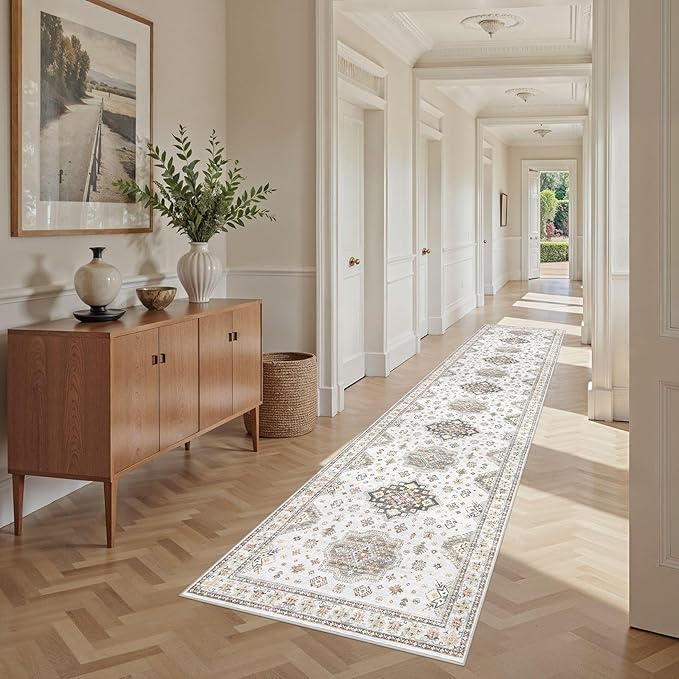 Washable 2.6x12 Runner Rug - Area Rugs Neutral Vintage Distressed Floral Farmhouse Boho Large Soft Floor Rug Indoor Carpet for Hallway Entryway Kitchen Home - Blue Brown-Ruum Studio Home