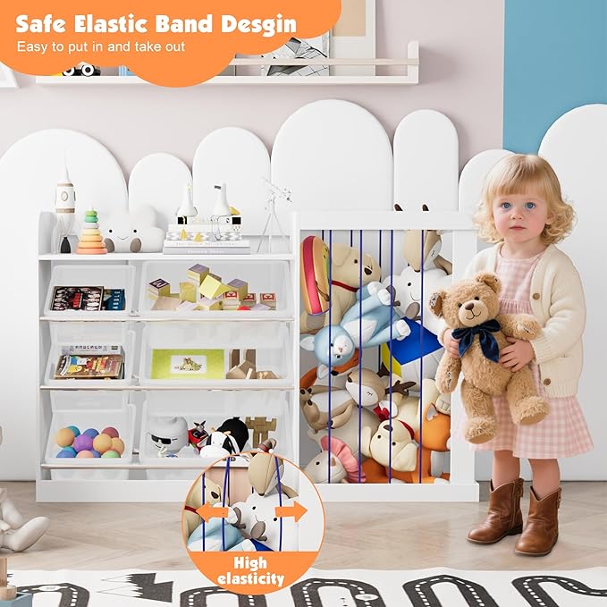 Kids Toy Storage Organizer with 3 Removable Plastic Bins Toddler Montessori Bookshelf with Stuffed Animal Net Holder Baby Bookcase Plush Organizer for Playroom, Bedroom,Kids Room,Classroom,Nursery-Ruum Studio Home