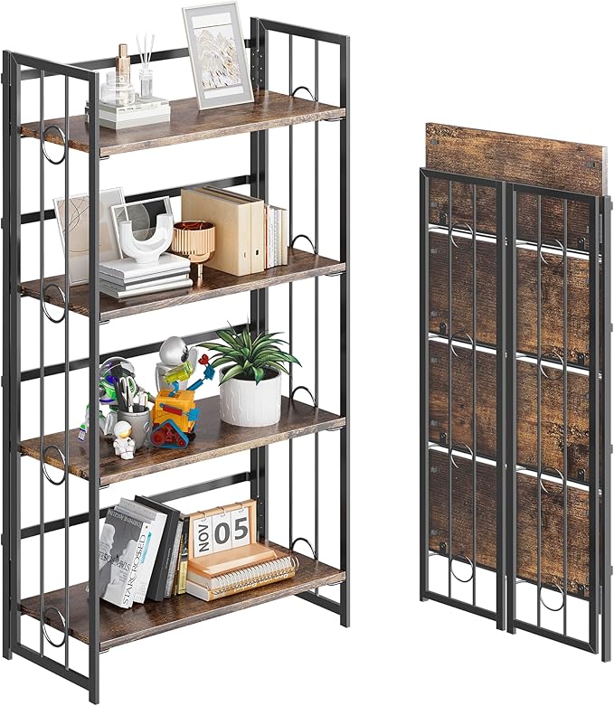 4NM No Assembly 4 Tiers Folding Bookshelf, 47.2" H Foldable Storage Shelves Vintage Bookcase Standing Racks Study Organizer Home Office - Rustic Brown Black-Ruum Studio Home