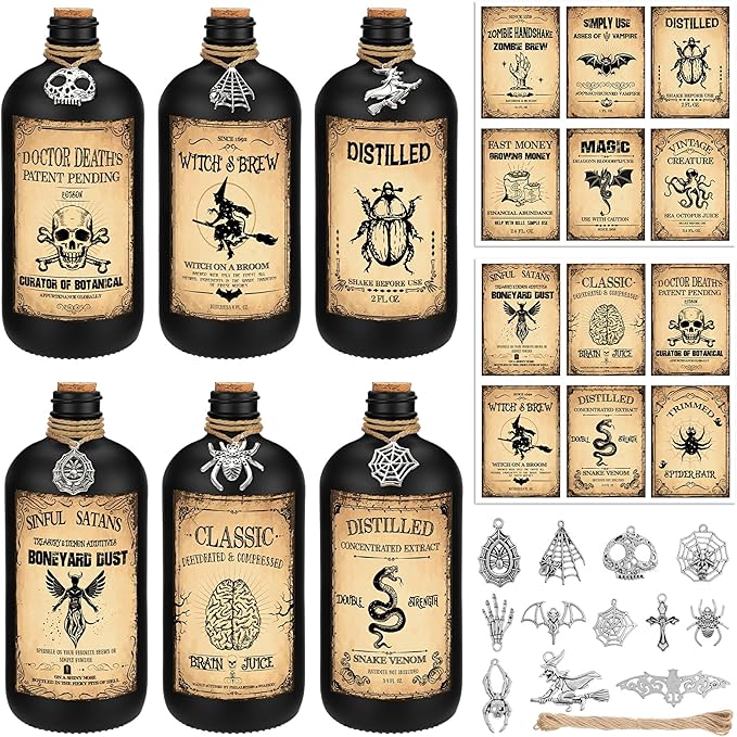 Uiifan 31 Pcs Halloween Potion Bottles Set Including Glass Apothecary Bottles with Cork Stickers and Pendants Halloween Decorations Indoor Party Supplies(Black,16 oz)-Ruum Studio Home
