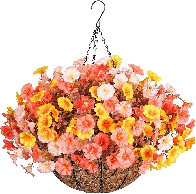 Artificial Fall Flowers Fake Hanging Plants Flowers Basket for Outdoors Autumn Decoration, Silk Morning Glory with Eucalyptus Look Real UV Resistant Faux Flowers for Outside Porch Patio Balcony, Mix-Ruum Studio Home