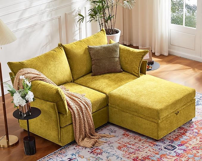Luxury Modular Sectional Sofa, L-Shaped 3-Seat Couch with Storage Ottoman Deep Seat & Reversible Chaise Lounge Chenille Yellow for Compact Spaces, Apartments, Dorm-Ruum Studio Home