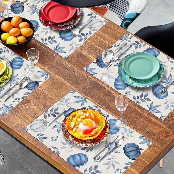 Blue Pumpkin Maple Leaves Fall Placemats Set of 4 Autumn Thanksgiving Harvest Linen Place Mat Non Slip Heat Resistant Washable Table Mats for Party Kitchen Dining Decoration-Ruum Studio Home