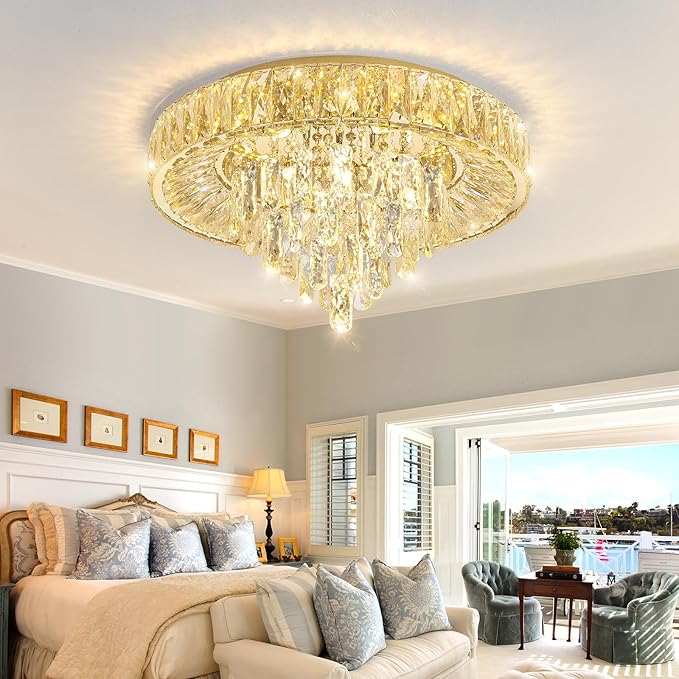 Modern Crystal Chandeliers for Dining Room LED Light Fixture Close to Ceiling Chandelier Flush Mount Ceiling Light Dimmable Lamp with Remote for Living Room Bedroom Hallway-Ruum Studio Home
