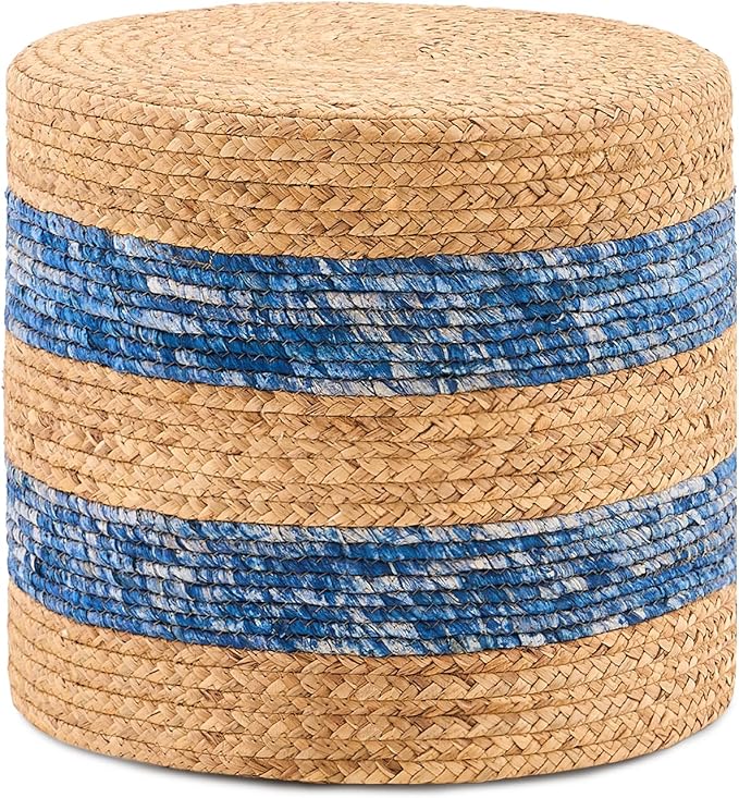 Handwoven Ottoman Pouf, Natural Water Hyacinth Footstool, Round Braided Outdoor Seat with Sturdy Frame, Boho Accent Stool for Patio, Balcony, or Garden (Blue)-Ruum Studio Home