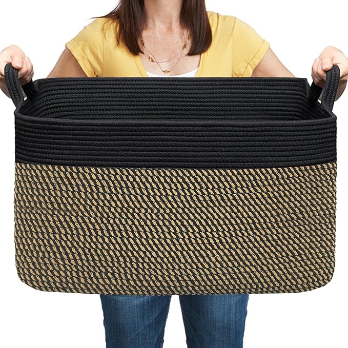 COMFY-HOMI Large Rectangular Blanket, Cotton Rope Woven for Storage, LaundryHamper, Storage,Toy Organizing Bin with Handle, Organizer and Storage-22x15x12-Black/Jute-Ruum Studio Home