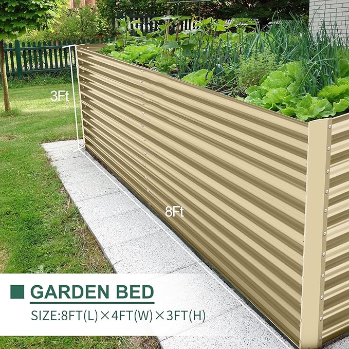 Land Guard 8x4x3ft Rectangular Galvanized Raised Garden Beds, Large-Capacity Metal Planter Box Outdoor, Durable Deep Raised Garden Bed 3ft Tall, Raised Beds for Gardening Vegetables, Cream Yellow-Ruum Studio Home