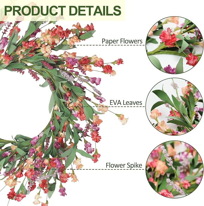 Artgar Front Door Wreath 24 Inch Spring/Summer Wreaths for Front Door, Front Door Wreaths for All Seasons for Indoor Outdoor Home Office Wall Window Wedding Farmhouse Decor (Red&Orange&Purple)-Ruum Studio Home