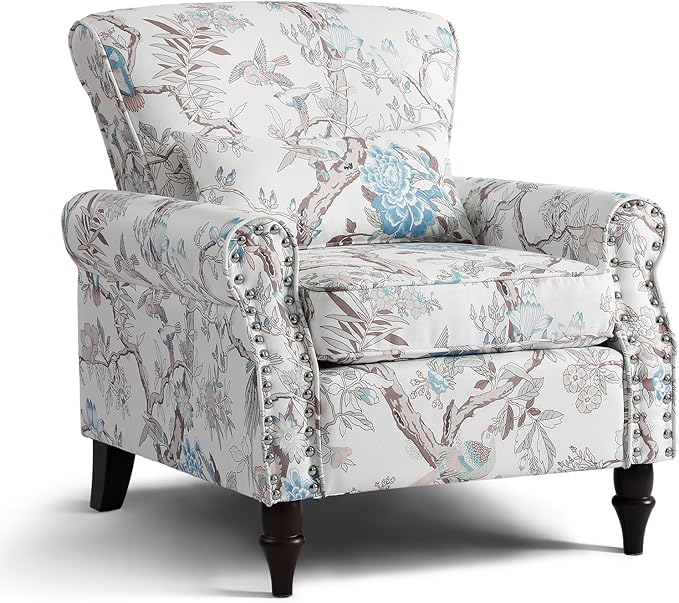 Wingback Accent Chair with Removable Pillow, High Back Floral Armchair with Solid Wood Legs & Nailhead Trim, Comfy Upholstered Reading Single Sofa Chair for Bedroom (1, Bird Floral Pattern)-Ruum Studio Home
