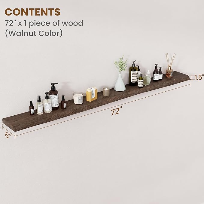 Floating Shelves for Wall Decor, Rustic Solid Elm Wood Floating Shelves Wall Mounted, Wall Shelves with Invisible Bracket for Living Room Bathroom Bedroom Kitchen, 72 Inch, Walnut-Ruum Studio Home