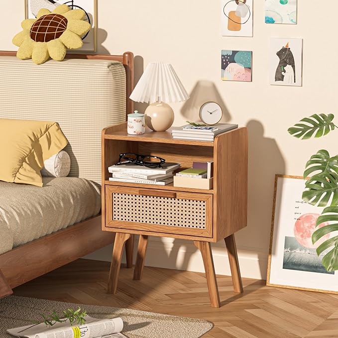 Lerliuo Rattan Nightstand, Side Table with Drawer Open Shelf, Cane Accent Bedside End Table with Solid Wood Legs, Mid Century Modern Night Stand for Bedroom, Dorm and Small Spaces (Tea Brown)-Ruum Studio Home