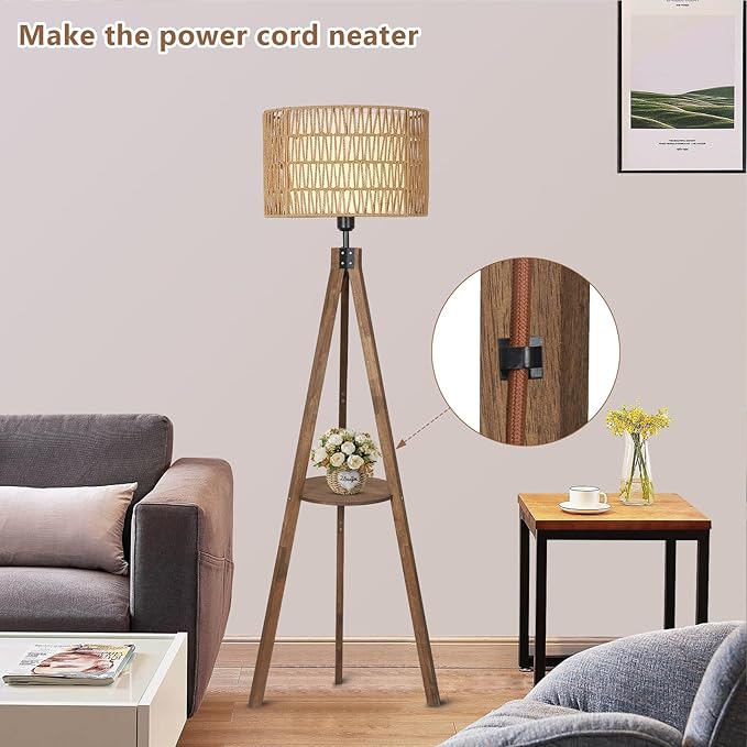 Boho Tripod Floor Lamps for Living Room, Rattan Wood Floor Lamp with Fabric Shades, Mid Century Standing Lamp with Shelf, Foot Switch, Modern Farmhouse Tall Lamps for Bedroom Office Brown-Ruum Studio Home