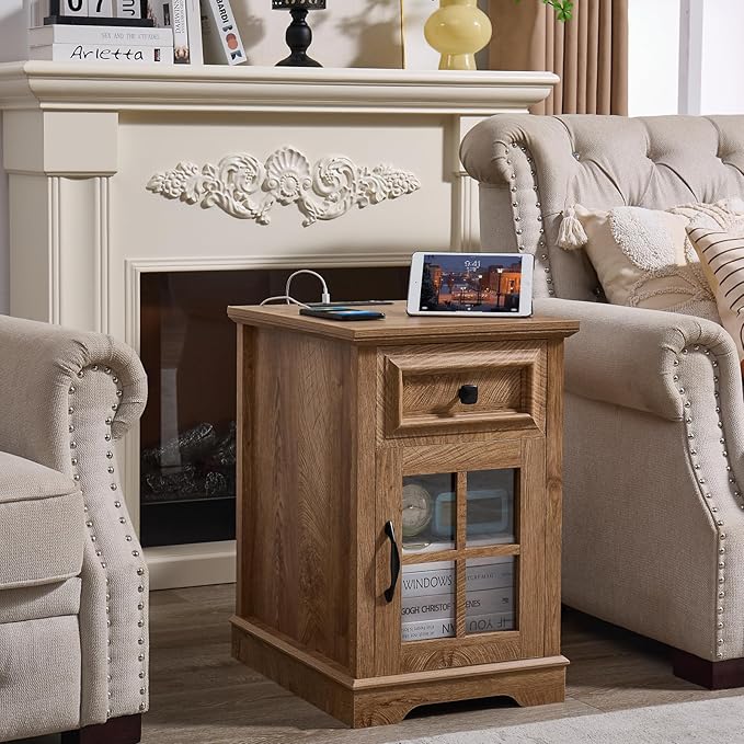 Farmhouse XXL End Table with Charging Station, Side Table with USB Ports and Outlets, Nightstand with Drawer and Glass Door Storage, Log Color Bedside Tables for Living Room, Bedroom, Office-Ruum Studio Home