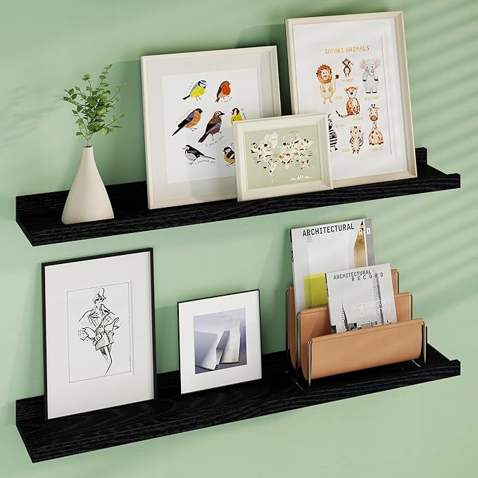 Floating Picture Ledge Shelves 36 Inch Solid Oak Wood Set of 2, Rustic Wall Storage Shelves with Lip, Kids Bookshelf, Photo & Picture Ledge Shelves for Bedroom, Living Room, Kitchen-Ruum Studio Home