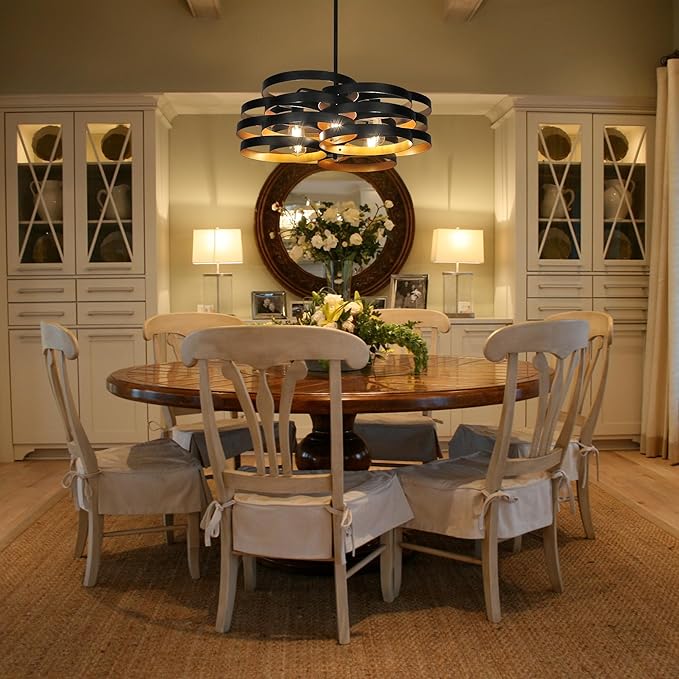 6-Light Modern Farmhouse Chandeliers for Dining Room, Rustic Multiple Rings Pendant Lighting, Industrial Metal Round Chandelier for Kitchen Entryway, Black with Gold Interior-Ruum Studio Home