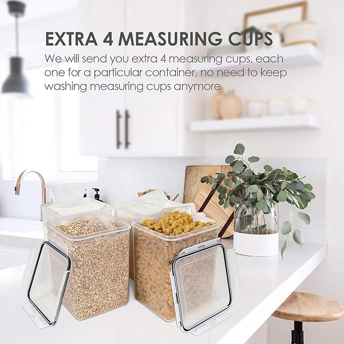 Vtopmart 4 PCS Large Food Storage Containers 5.2L / 175oz, 4 Pieces BPA Free Plastic Airtight Canisters for Flour, Sugar, Baking Supplies, Rice with Lids, 4 Measuring Cups and 24 Labels, Black-Ruum Studio Home