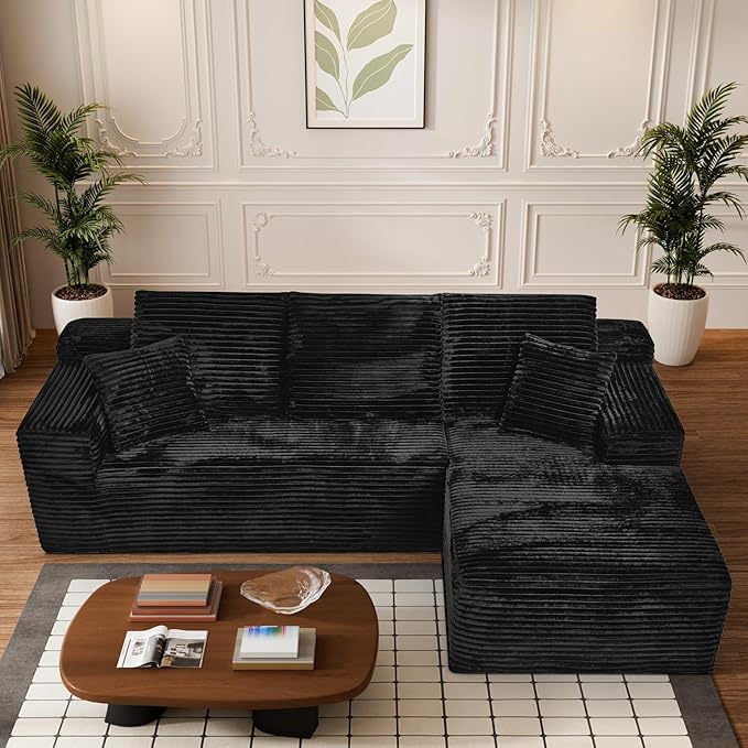 Modular Sectional Sofa Cloud Sectional Couch, 107" Comfy Fluffy L Shaped Black Couches for Living Room, Deep Seat Memory Foam Plush Corduroy Boneless Couch Sectionals with Right Facing Chaise Sofa-Ruum Studio Home