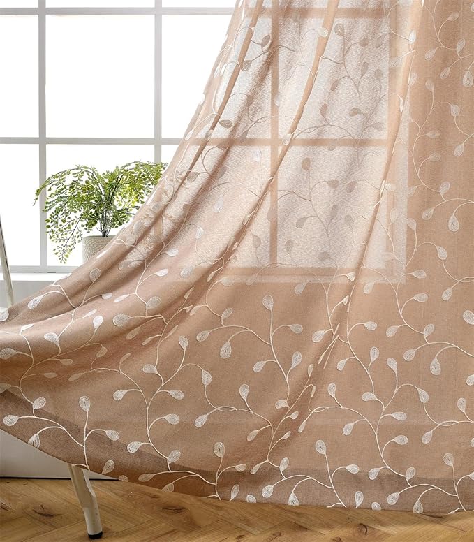 MIUCO Floral Embroidered Semi Sheer Curtains Faux Linen Grommet Curtains for Living Room 52 x 84 Inch 2 Panels Set, Taupe-Ruum Studio Home