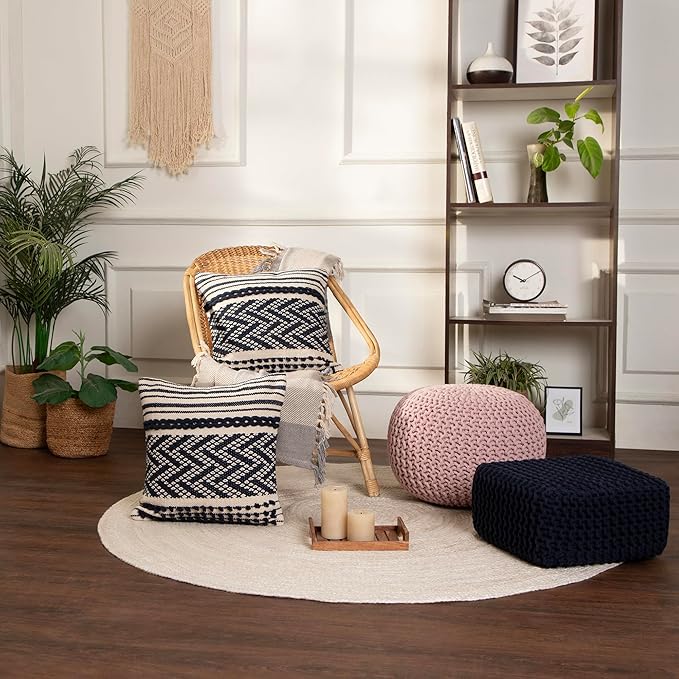 REDEARTH · Cube Low Pouf Foot Stool Ottoman - Hand Knitted Poof - Cord Boho Pouffe - Home Décor - Stuffed Footrest for Living Room - Nursery - Bedroom - Patio (16" x 16" x 8") - Navy Blue-Ruum Studio Home