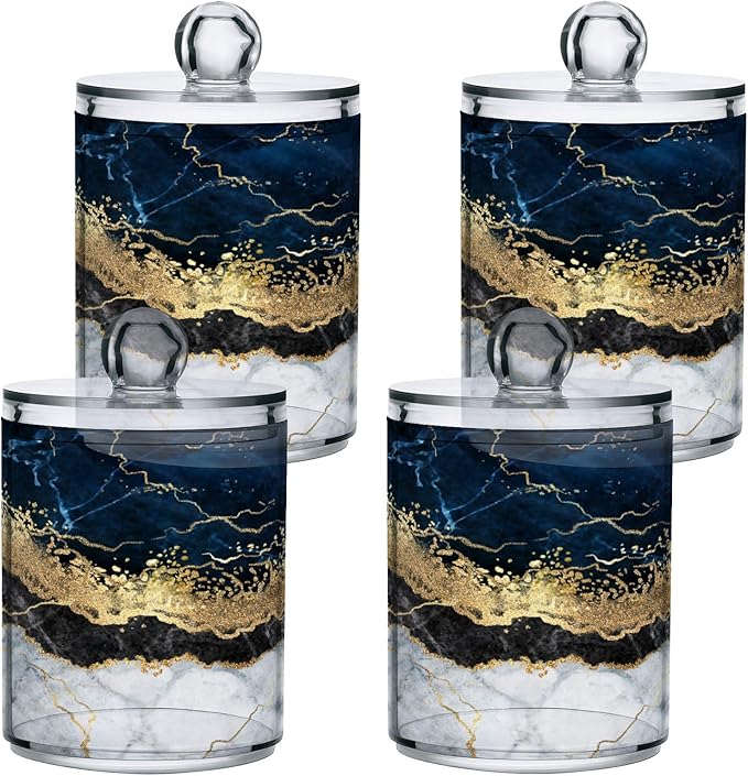 2 Pack Qtip Holder Dispenser Navy Blue Marble Bathroom Storage Canister Lid Acrylic Plastic Apothecary Jar Set Vanity Makeup Organizer for Cotton Swabs/Pads/Floss-Ruum Studio Home