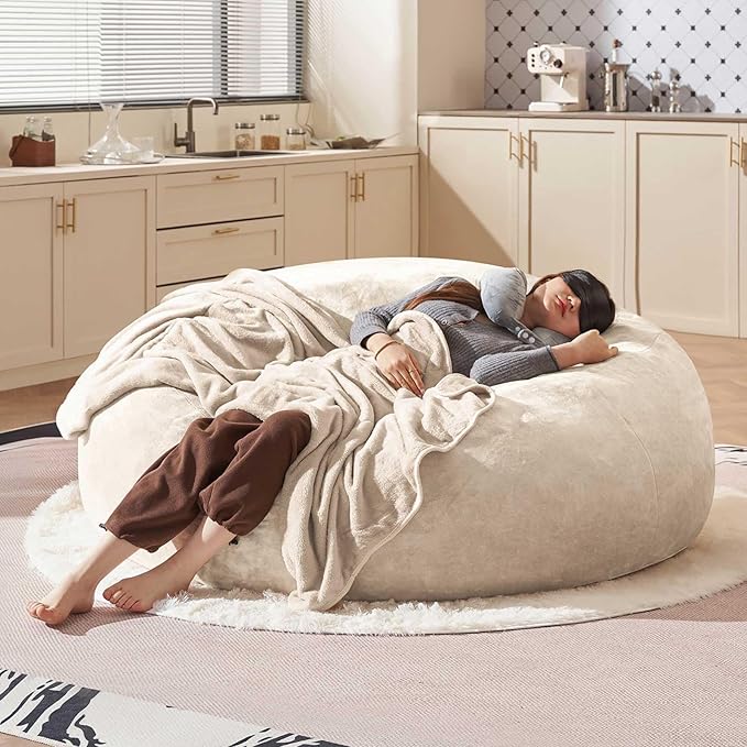 Bean Bag Chair 5Ft, Memory Foam Filled, Large Beanbag Chairs for Adults and Teens, Soft Sofa with Removable Flannel Cover, Round Couch for Living Room Bedroom College Dorm (Apricot, 5FT-60×60"×24")-Ruum Studio Home