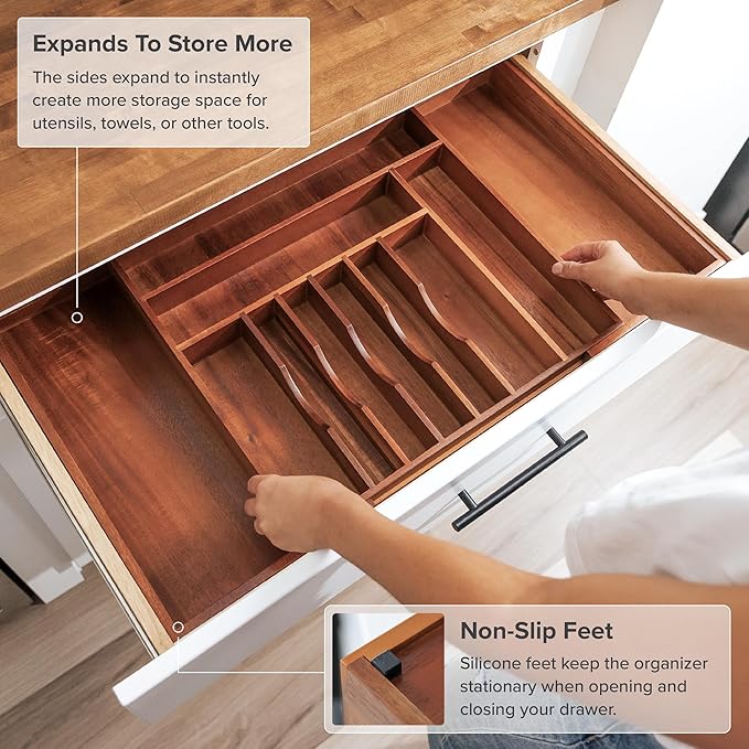 Premium Silverware, Flatware and Utensil Organizer for Kitchen Drawers, Food-Safe Contract Grade, Expandable from 18 to 33 In, Natural Acacia-Ruum Studio Home
