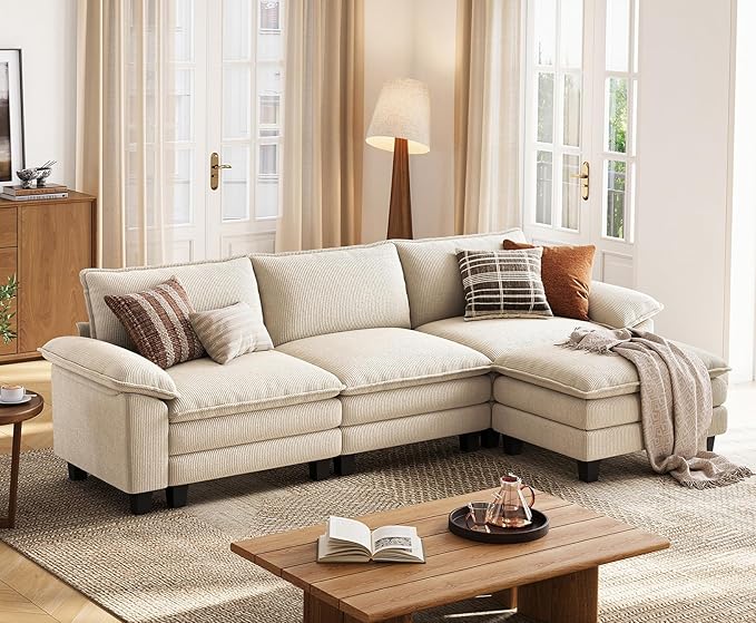 LINSY HOME Modular Sectional Sofa - 123'' Comfy Corduroy Cloud Sofa Oversized L Shaped Couch with Movable Ottoman, Soft Modern Sofa for Living Room Apartment, Beige-Ruum Studio Home