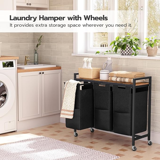 HOOBRO Laundry Sorter 3 Section, Laundry Hamper with Wheels, 3 × 11.5 Gal (43.5 L), Rolling Laundry Basket, Pull-Out and Removable Oxford Fabric Laundry Bags, Rustic Brown and Black BF76XY01-Ruum Studio Home