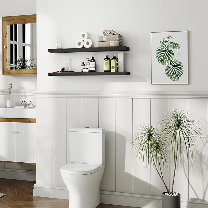 BGMG Wood Floating Shelves 36 inch Long,Wide Rustic Wooden Wall Shelves for Bathroom Living Room Bedroom Kitchen Farmhouse Set of 2-36x6.7x1.25 inch-Black-Ruum Studio Home