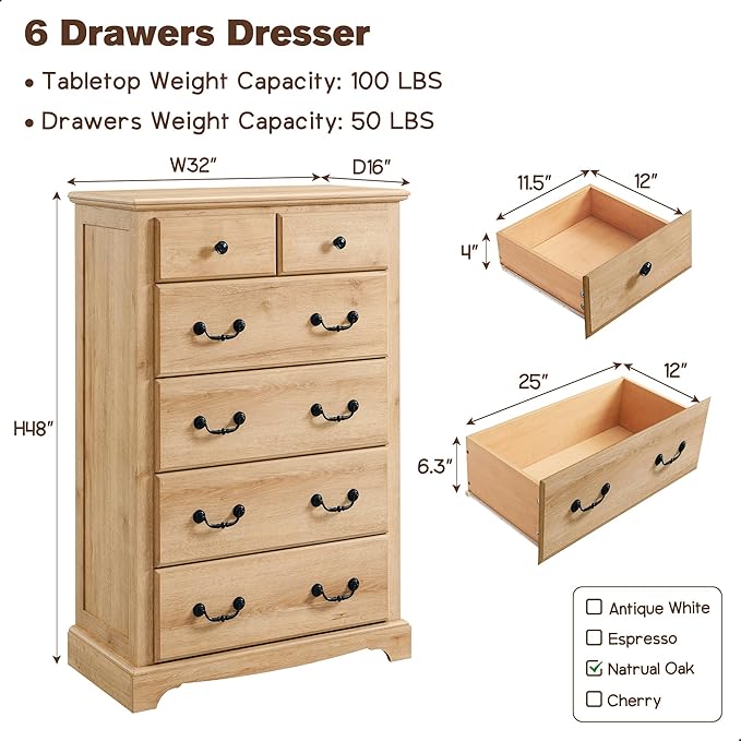 T4TREAM 6 Drawers Dresser Chests for Bedroom, 48" Tall Rustic Chset of Drawers, Wood Dressers Organizer for Bedroom, Living Room,Hallway, Natural Oak-Ruum Studio Home
