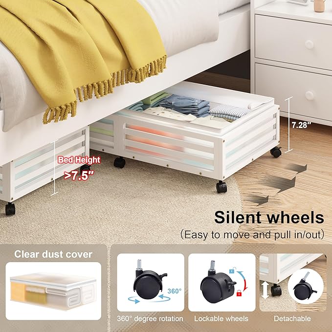 Under Bed Storage Containers With Wheels - 2 Pcs Large Bamboo Wood Rolling Underbed Shoe Storage Bins With Dust Bags for Clothes Blankets, Duvet Covers Snacks Toys (White)-Ruum Studio Home