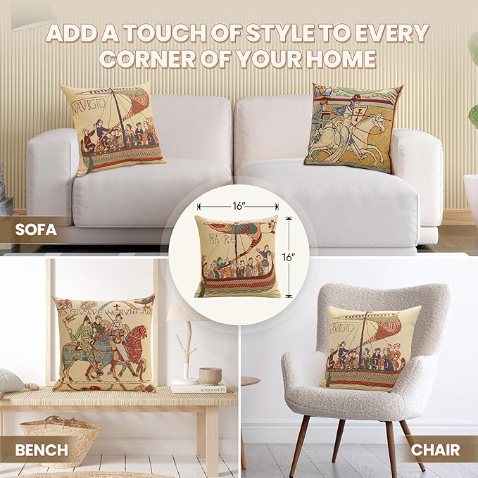 Charlotte Home Furnishings Bayeux Mare Throw Pillow Cover 16" x 16" – Medieval Ship Decorative Tapestry Cushion Case for Sofa, Couch, & Bed | Cotton Jacquard Woven in Europe | Insert Not Included-Ruum Studio Home