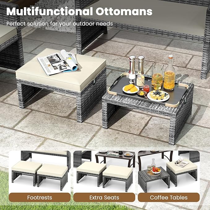 Tangkula 2 Pieces Patio PE Rattan Ottomans, Multipurpose Outdoor Footstool Footrest Additional Seating Side Table with Soft Zippered Cushions for Deck, Garden, and Yard (White)-Ruum Studio Home