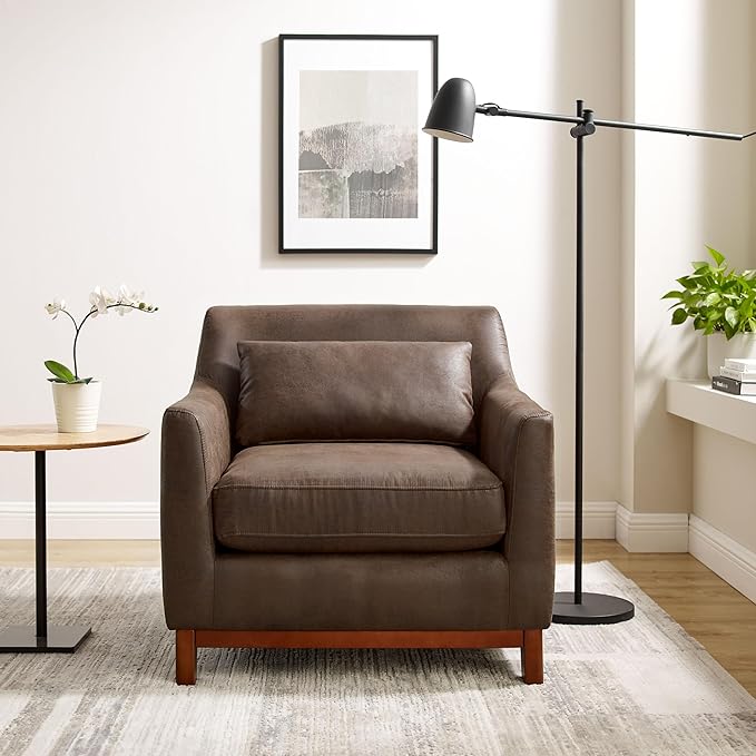 Extra Deep Accent Chair, Comfy Fabric Armchair with Wood Base, Upholstered Single Sofa Chair for Living Room & Bedroom, Faux Leather Dark Brown-Ruum Studio Home