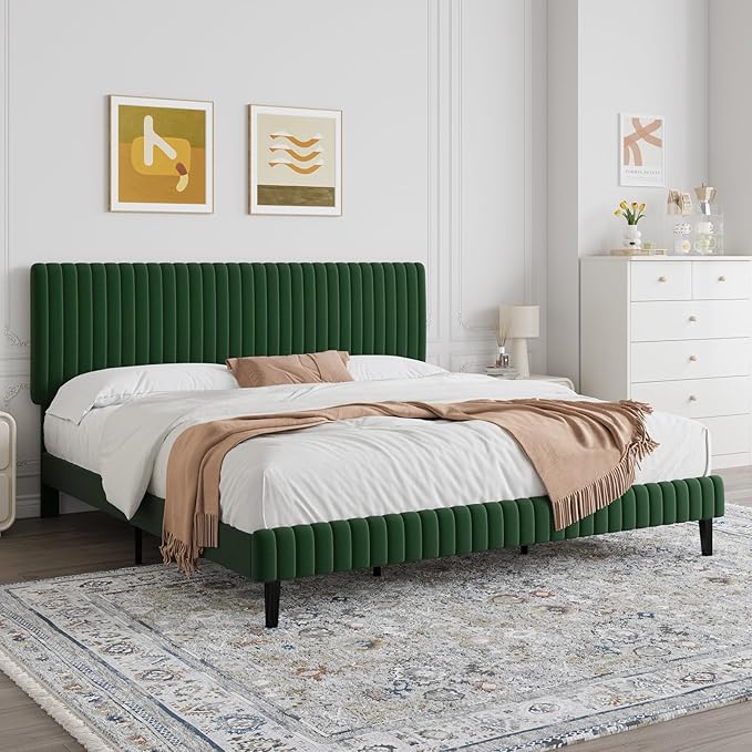 King Size Bed Frame, Velvet Upholstered Platform Bed with Vertical Channel Tufted Headboard and Footboard, No Box Spring Required, Easy Assembly, Green-Ruum Studio Home