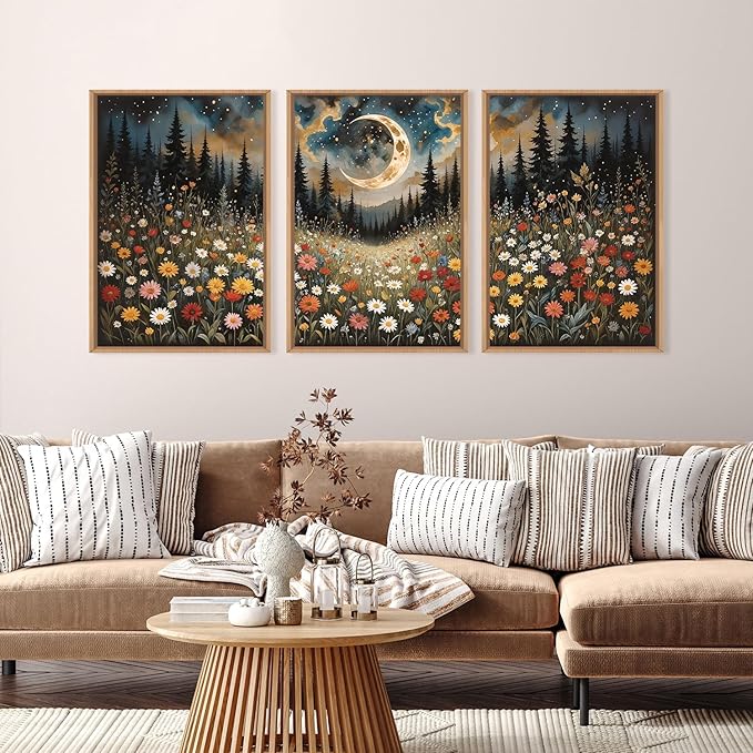 HPINUB Wildflower Moon Forest Framed Canvas Wall Art Set,Nature Pine Tree Wall Decor,Mystical Starry Night Artwork Rustic Mountain Landscape Art Print for Living Room,Bedroom,Office-16 x24 x3-Ruum Studio Home