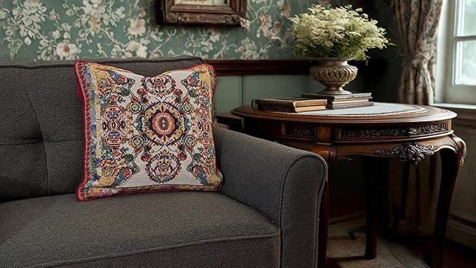 Tache Cushion Cover 18x18 Rococo Elegant Ornate Ivory Colorful Paisley Cotton Linen Tapestry Woven Decorative Throw Pillow Cover, 1 Piece-Ruum Studio Home