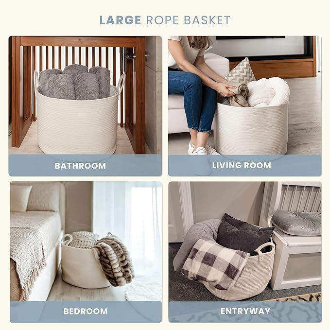OrganiHaus Large Laundry Basket, Woven Cotton Rope Basket for Blankets, Toy Storage, Nursery Hamper, Living Room Decor Organizer, Soft & Durable Hamper with Handles, 20x13 inches - Off-White-Ruum Studio Home