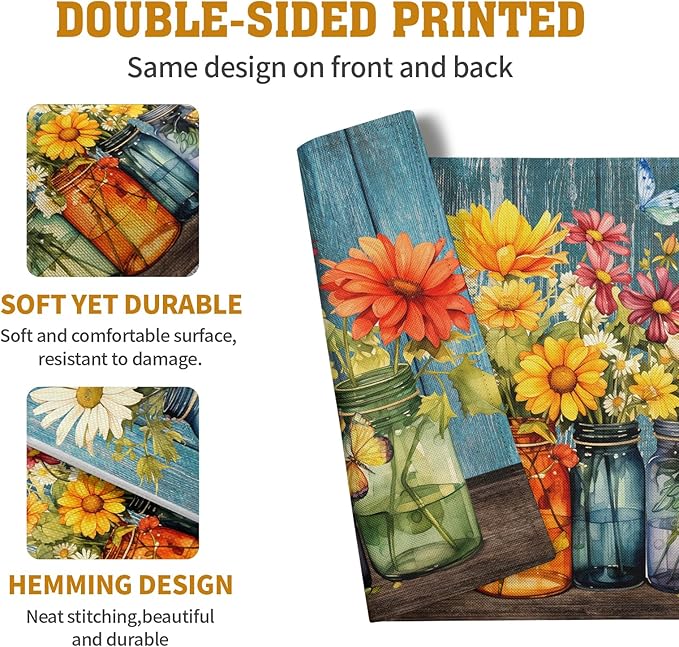 Rustic Daisy Placemats Set of 4 Vintage Flower Vases Wood Grain Linen Table Mats 12x18 Inch Summer Floral Wooden Board Farmhouse Washable Place Mat for Party Kitchen Dining Outdoor Indoor Decor-Ruum Studio Home