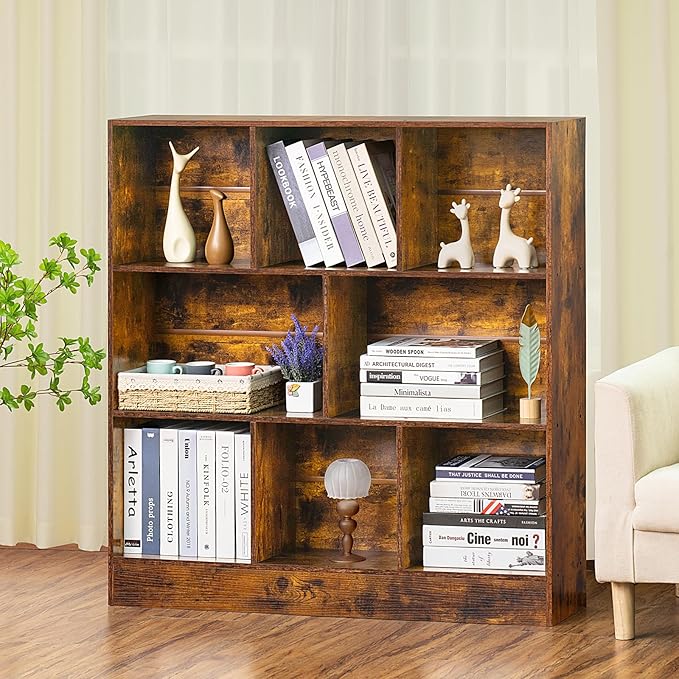 LEYAOYAO 8 Cube Bookshelf with Base,3 Tier Mid-Century Modern Brown Bookcase,Standing Wide Bookshelves Storage Organizer Shelf,Rustic Wood Display Cabinet Book Shelves for Bedroom,Living Room,Office-Ruum Studio Home
