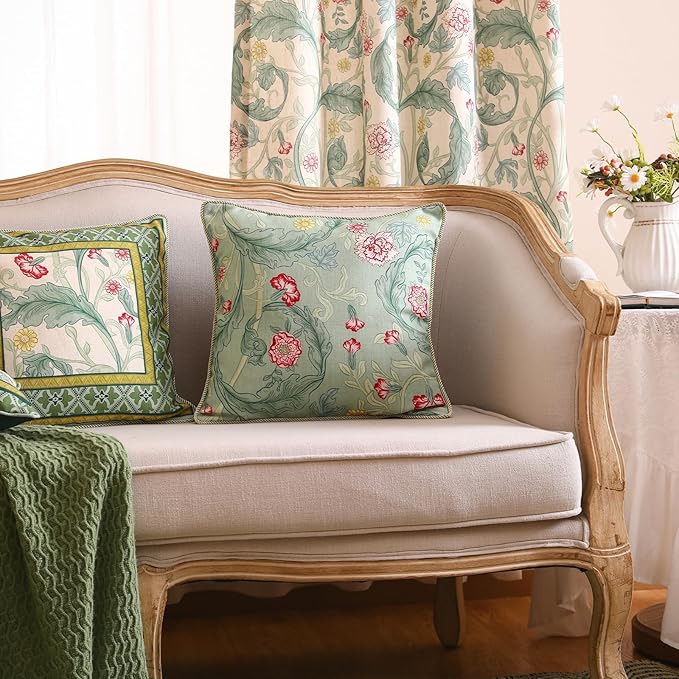 patdrea Designer Pack of 4 Throw Pillow Covers,French Vintage Rustic Linen with Green Floral Pattern Pillows Cover,Decorative Lumbar Square Pillowcases Cushion for Bed Living Room Outdoor Car-Ruum Studio Home