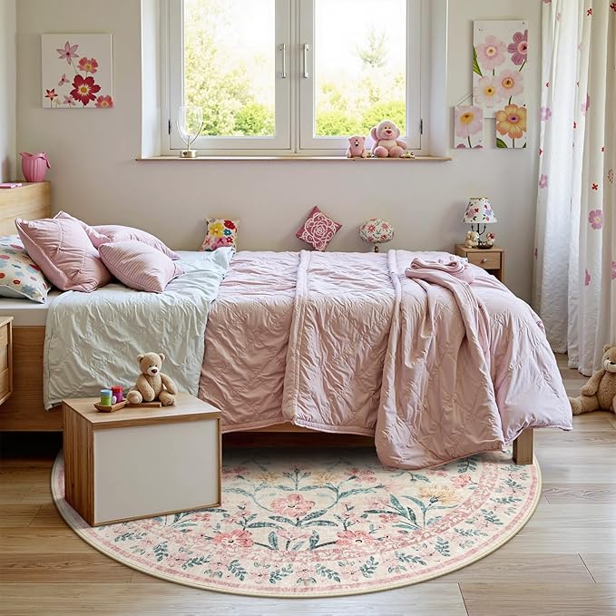 Wonnitar Pink Floral Round Rugs 5ft, Soft Circle Rug Non Slip Washable Round Carpet, Boho Non-Shedding Flower Distressed Circle Carpets for Bedroom Girls Room Nursery-Ruum Studio Home